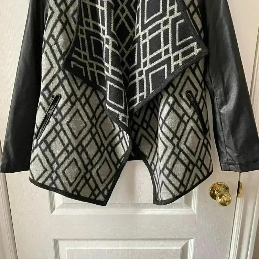 Pink  Martini Jacket Faux Leather Wool Open Front Draped Moto Black Grey Small - Picture 6 of 16